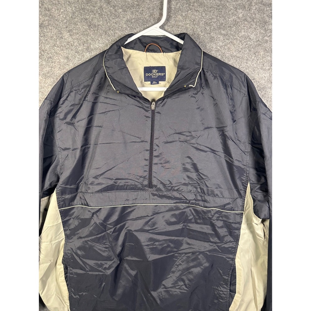 Dockers Golf Mens XL Quarter Zip‎ Windbreaker Navy Blue Tan Nylon Jacket 046907K